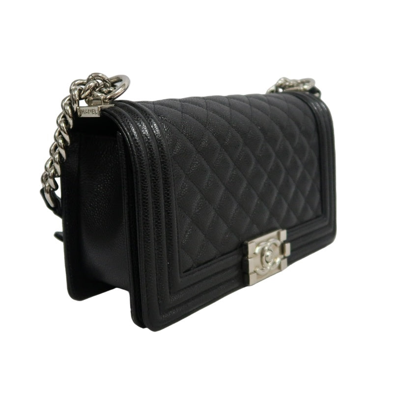 CHANEL Boy Leboy Matelasse Caviar Shoulder Bag Black Silver Hardware