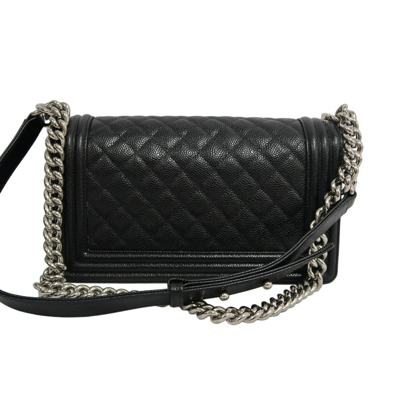 CHANEL Boy Leboy Matelasse Caviar Shoulder Bag Black Silver Hardware