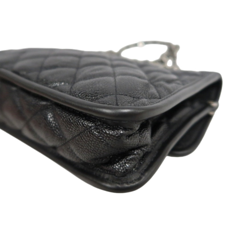 CHANEL Matelasse Quilted Caviar Flap Shoulder Bag Black Silver Hardware