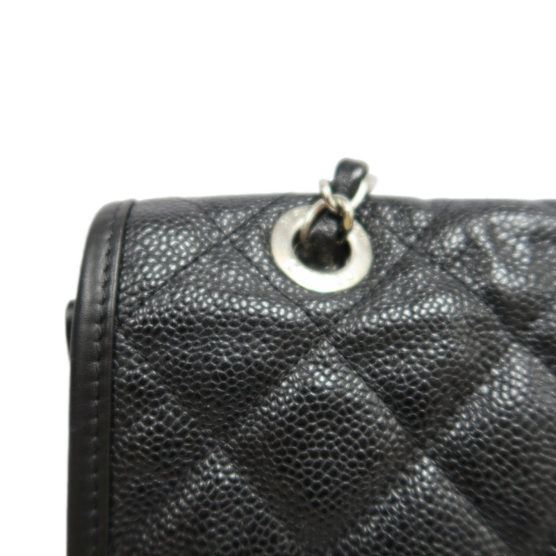 CHANEL Matelasse Quilted Caviar Flap Shoulder Bag Black Silver Hardware