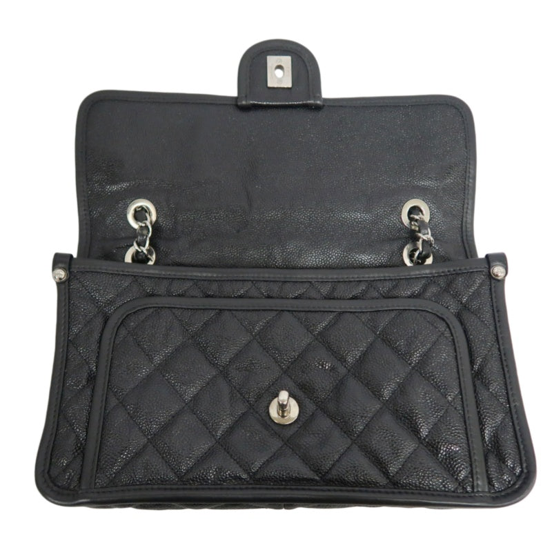 CHANEL Matelasse Quilted Caviar Flap Shoulder Bag Black Silver Hardware