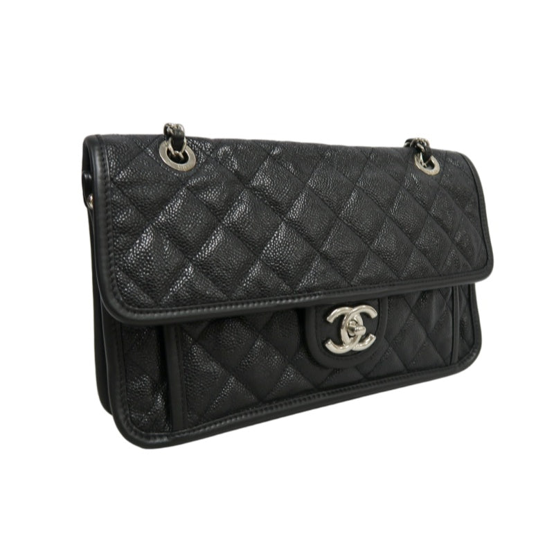 CHANEL Matelasse Quilted Caviar Flap Shoulder Bag Black Silver Hardware