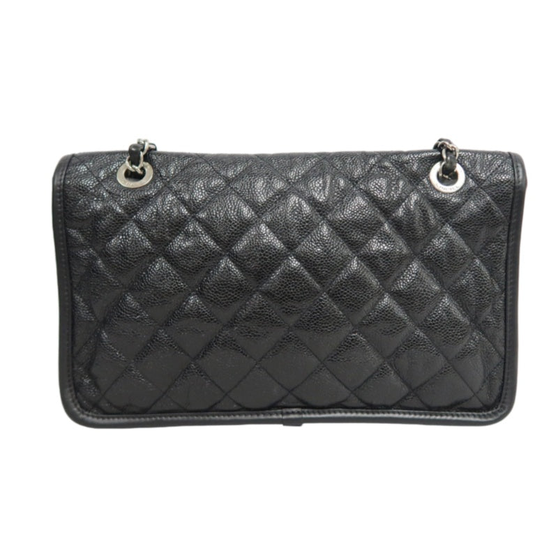 CHANEL Matelasse Quilted Caviar Flap Shoulder Bag Black Silver Hardware