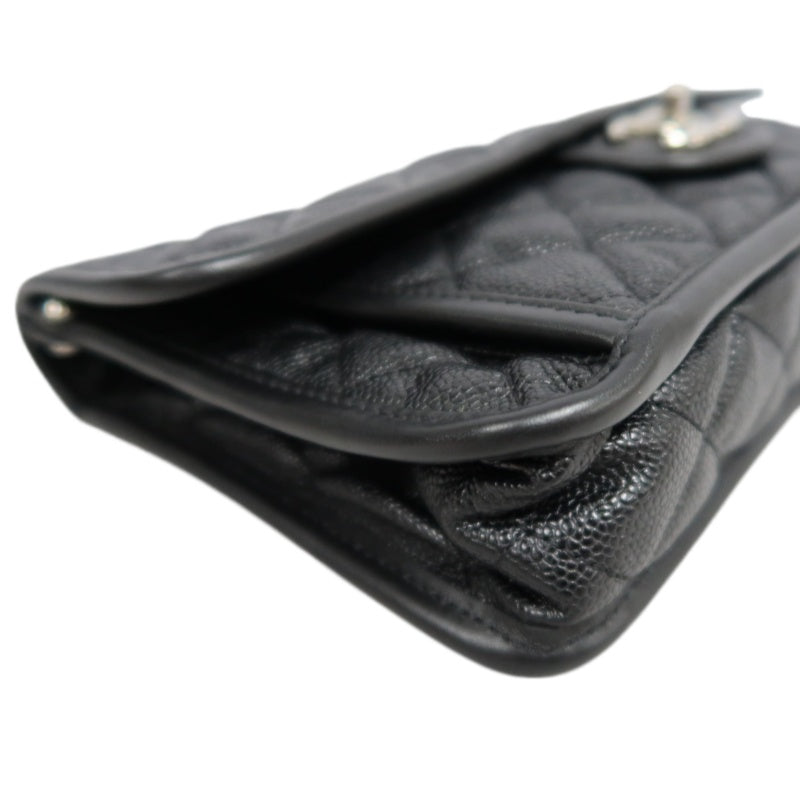 CHANEL Matelasse Quilted Caviar Flap Shoulder Bag Black Silver Hardware