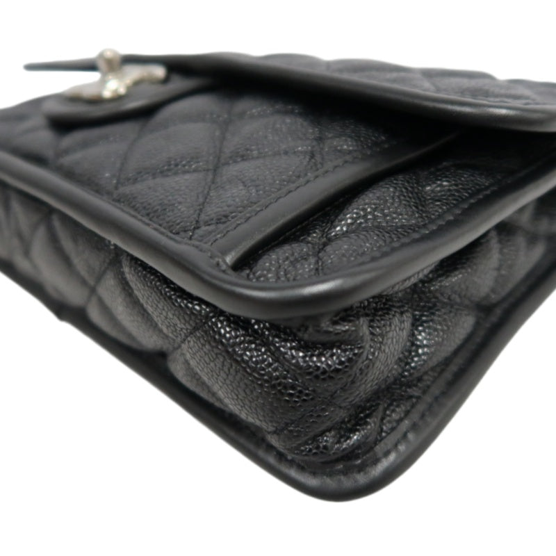 CHANEL Matelasse Quilted Caviar Flap Shoulder Bag Black Silver Hardware