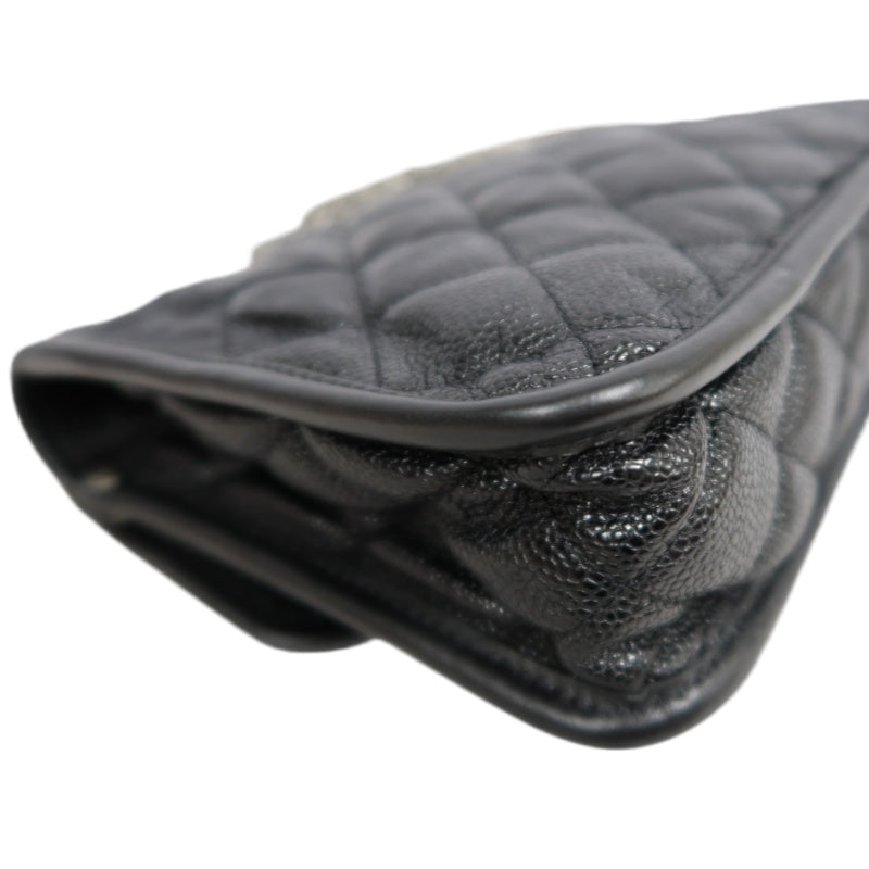 CHANEL Matelasse Quilted Caviar Flap Shoulder Bag Black Silver Hardware