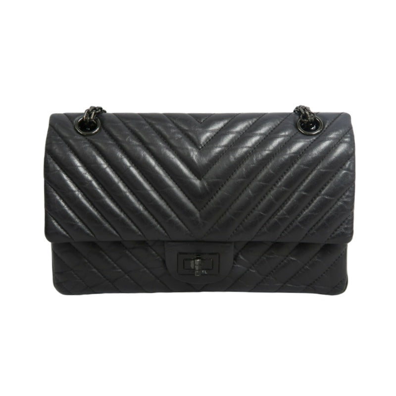 CHANEL 2.55 Chevron V-stitch Calfskin Shoulder Bag Black Black Hardware