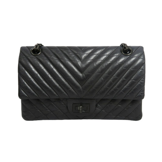 CHANEL 2.55 Chevron V-stitch Calfskin Shoulder Bag Black Black Hardware