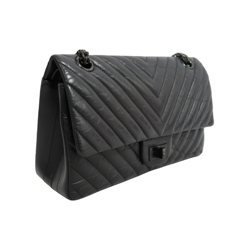 CHANEL 2.55 Chevron V-stitch Calfskin Shoulder Bag Black Black Hardware
