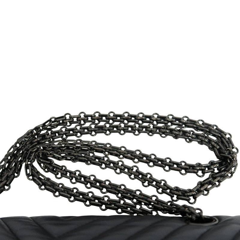 CHANEL 2.55 Chevron V-stitch Calfskin Shoulder Bag Black Black Hardware