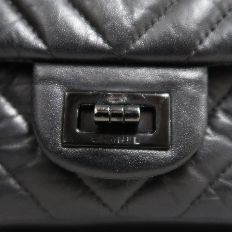 CHANEL 2.55 Chevron V-stitch Calfskin Shoulder Bag Black Black Hardware