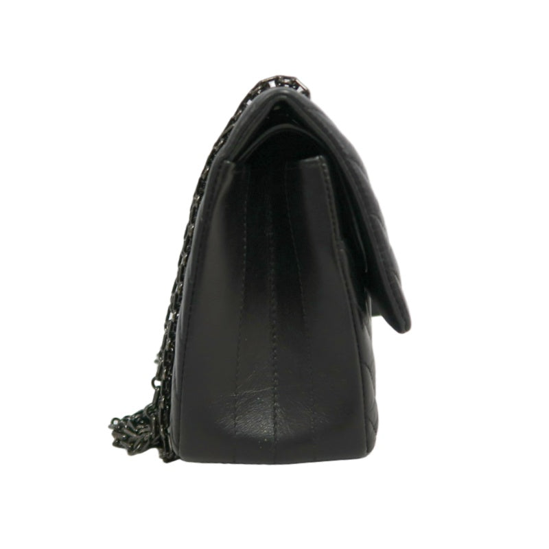 CHANEL 2.55 Chevron V-stitch Calfskin Shoulder Bag Black Black Hardware