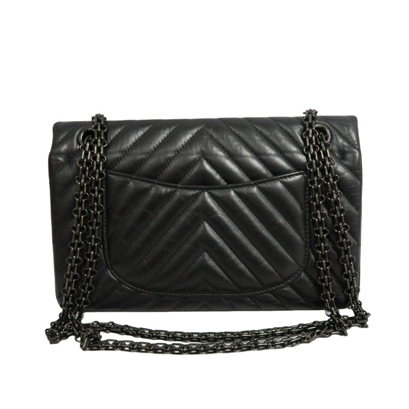 CHANEL 2.55 Chevron V-stitch Calfskin Shoulder Bag Black Black Hardware
