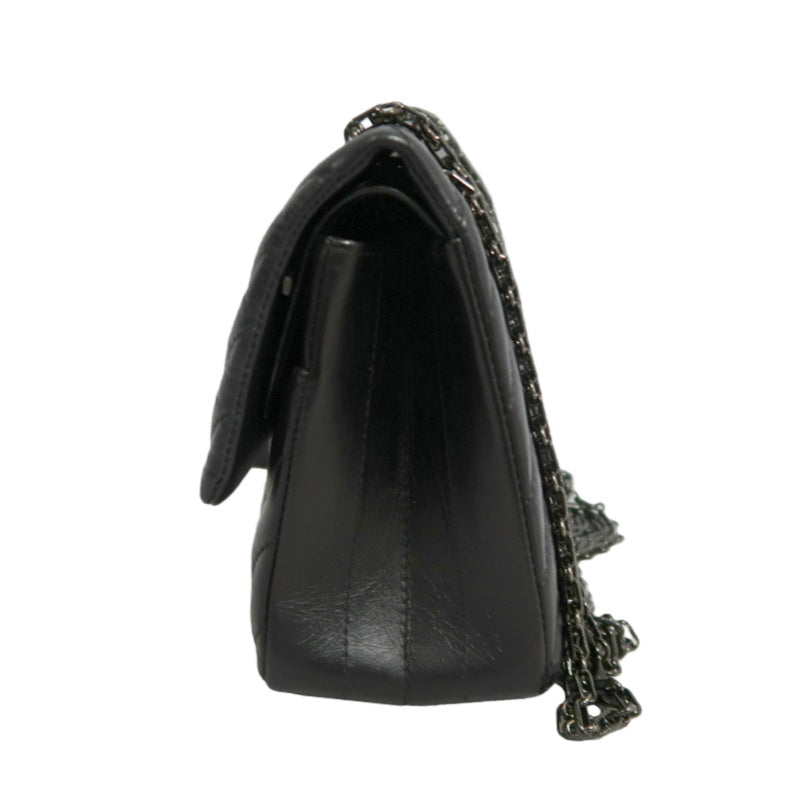 CHANEL 2.55 Chevron V-stitch Calfskin Shoulder Bag Black Black Hardware