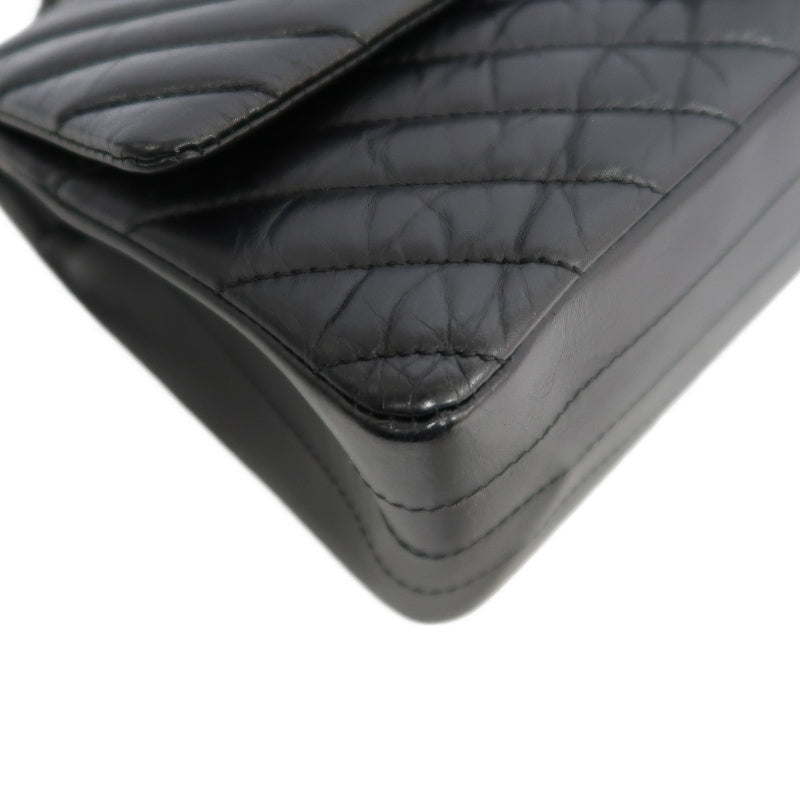CHANEL 2.55 Chevron V-stitch Calfskin Shoulder Bag Black Black Hardware