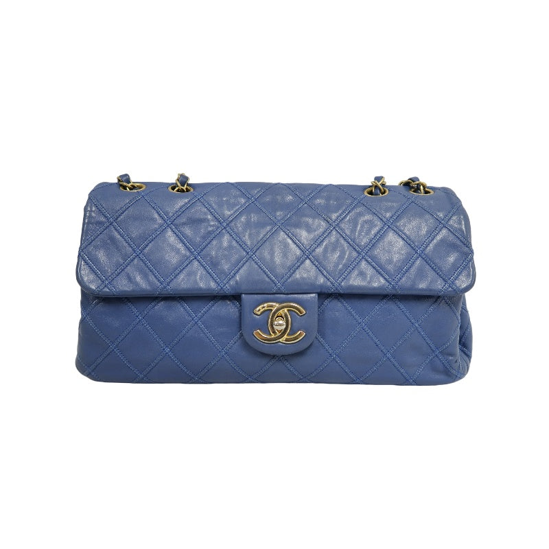 CHANEL Vintage Matelasse Calfskin Flap Shoulder Bag Blue Gold Hardware