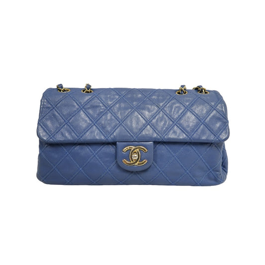 CHANEL Vintage Matelasse Calfskin Flap Shoulder Bag Blue Gold Hardware
