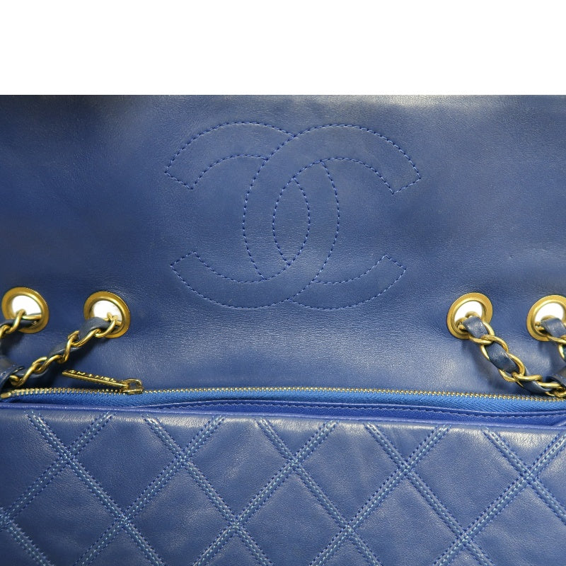 CHANEL Vintage Matelasse Calfskin Flap Shoulder Bag Blue Gold Hardware