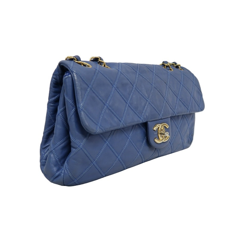 CHANEL Vintage Matelasse Calfskin Flap Shoulder Bag Blue Gold Hardware