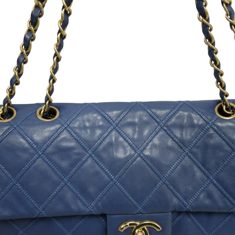 CHANEL Vintage Matelasse Calfskin Flap Shoulder Bag Blue Gold Hardware
