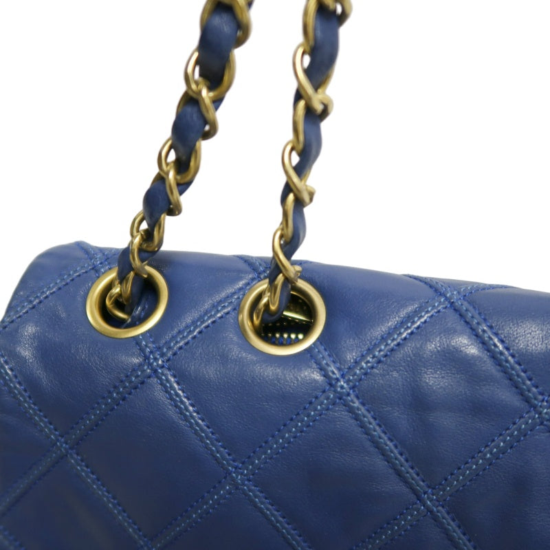 CHANEL Vintage Matelasse Calfskin Flap Shoulder Bag Blue Gold Hardware