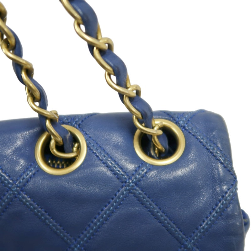 CHANEL Vintage Matelasse Calfskin Flap Shoulder Bag Blue Gold Hardware