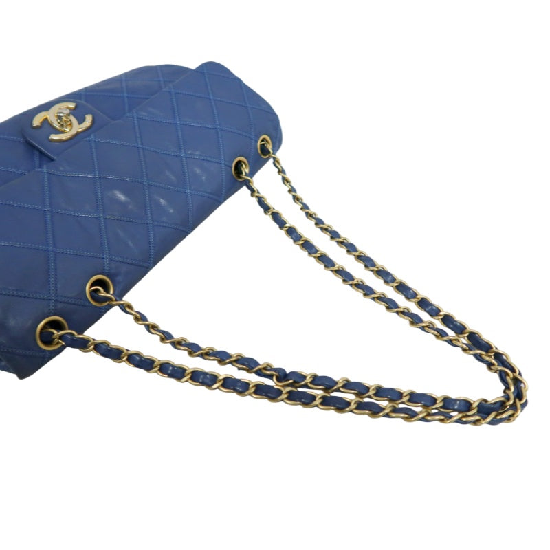 CHANEL Vintage Matelasse Calfskin Flap Shoulder Bag Blue Gold Hardware