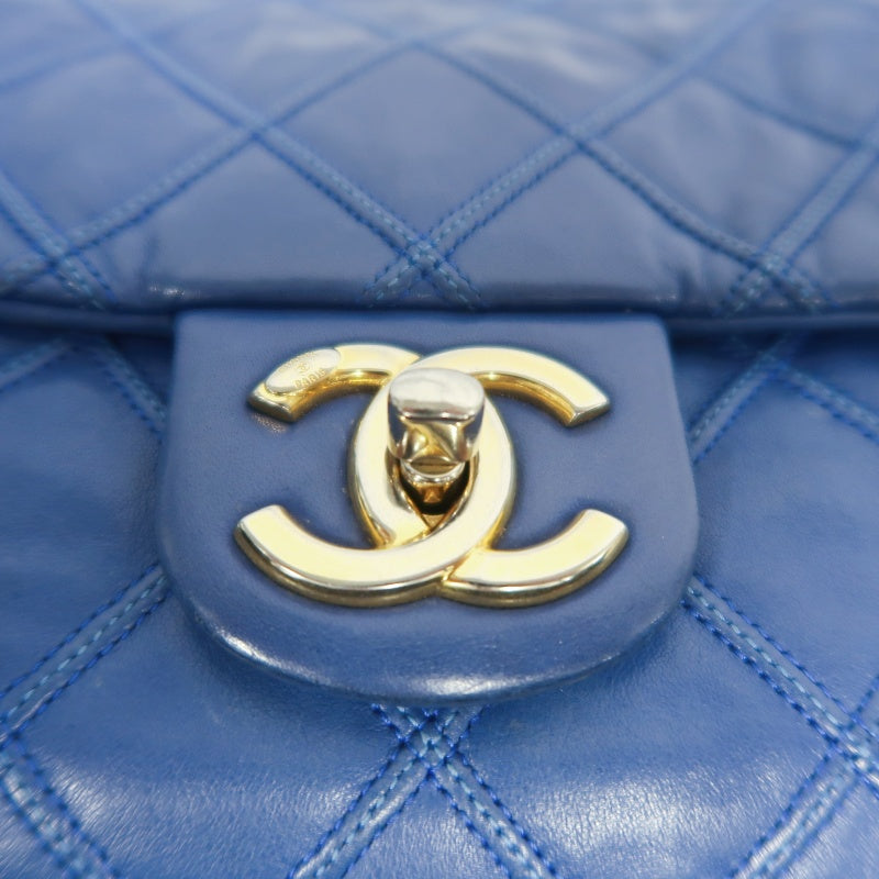 CHANEL Vintage Matelasse Calfskin Flap Shoulder Bag Blue Gold Hardware