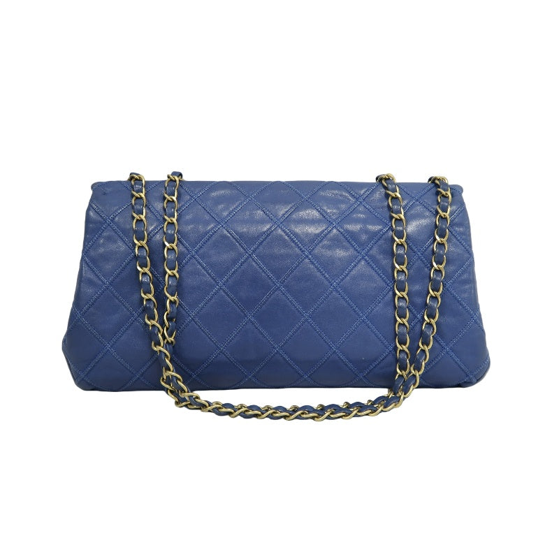 CHANEL Vintage Matelasse Calfskin Flap Shoulder Bag Blue Gold Hardware