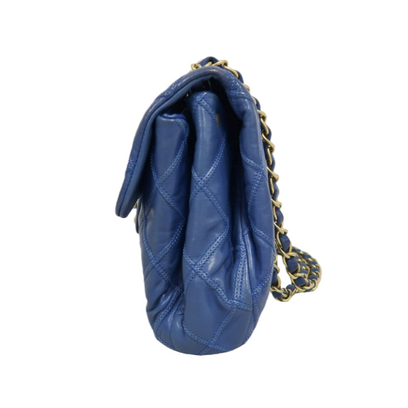 CHANEL Vintage Matelasse Calfskin Flap Shoulder Bag Blue Gold Hardware