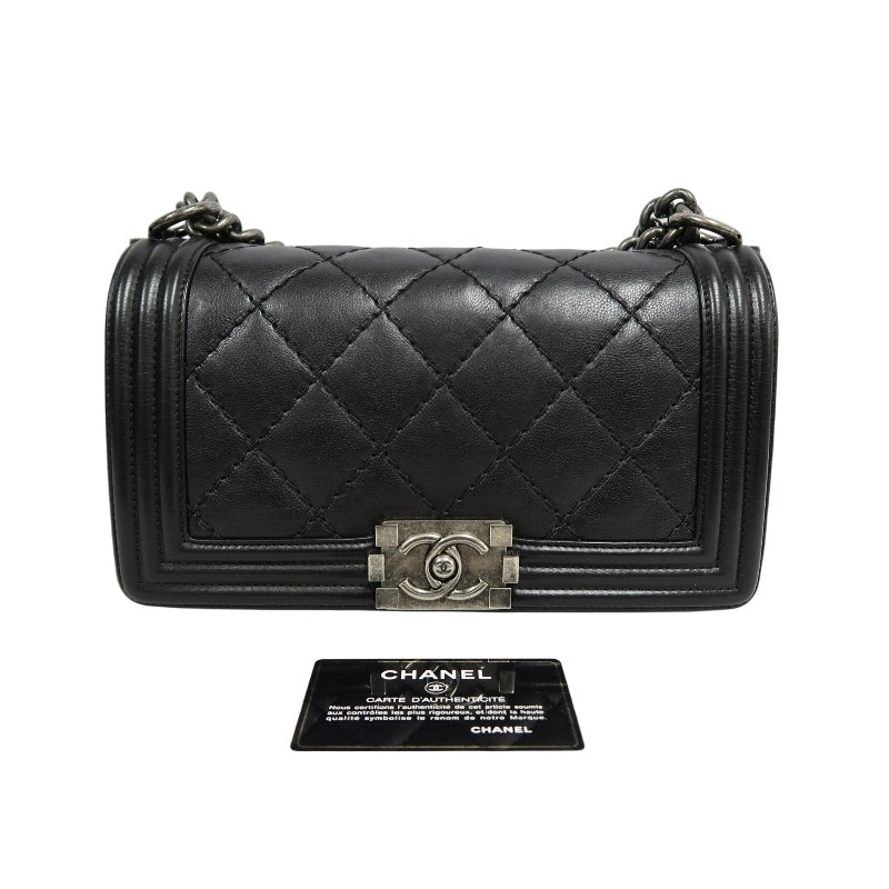 CHANEL Boy Leboy Matelasse Lambskin Shoulder Bag Black Silver Hardware With Authenticity Card