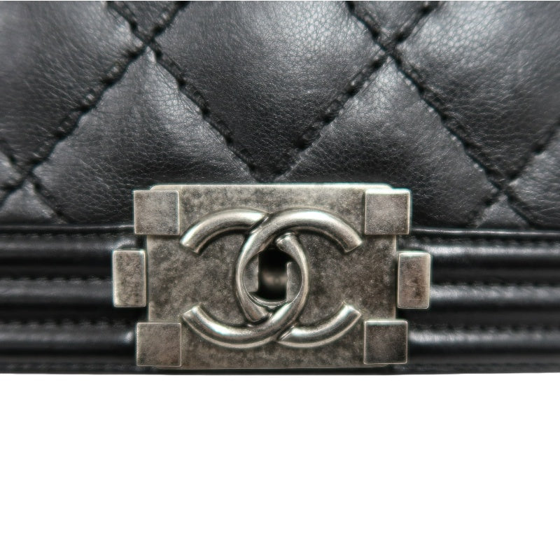 CHANEL Boy Leboy Matelasse Lambskin Shoulder Bag Black Silver Hardware With Authenticity Card