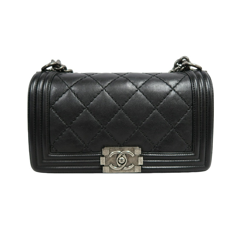 CHANEL Boy Leboy Matelasse Lambskin Shoulder Bag Black Silver Hardware With Authenticity Card