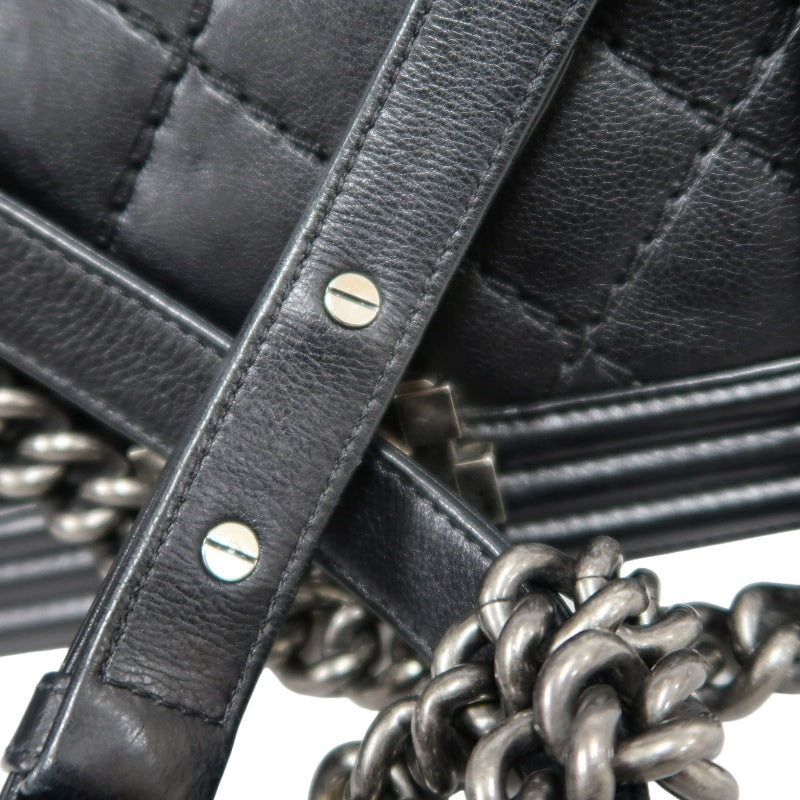 CHANEL Boy Leboy Matelasse Lambskin Shoulder Bag Black Silver Hardware With Authenticity Card
