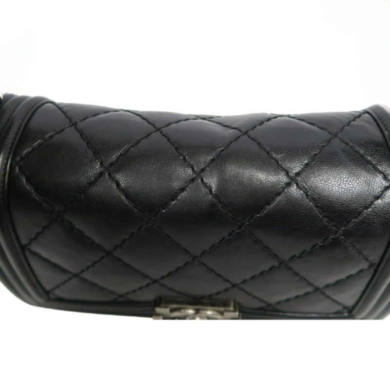 CHANEL Boy Leboy Matelasse Lambskin Shoulder Bag Black Silver Hardware With Authenticity Card