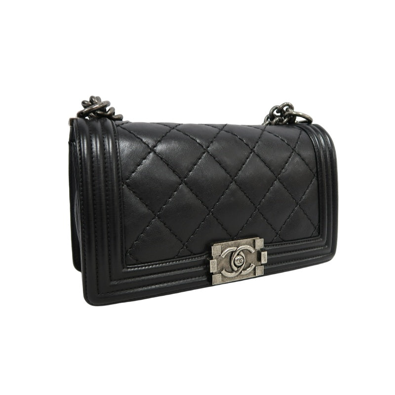 CHANEL Boy Leboy Matelasse Lambskin Shoulder Bag Black Silver Hardware With Authenticity Card