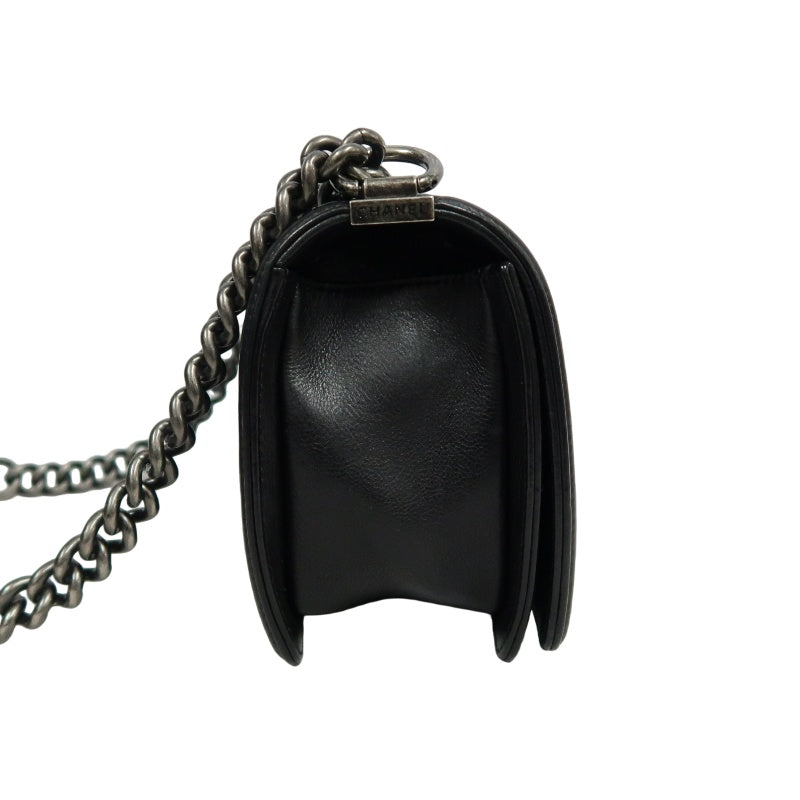 CHANEL Boy Leboy Matelasse Lambskin Shoulder Bag Black Silver Hardware With Authenticity Card