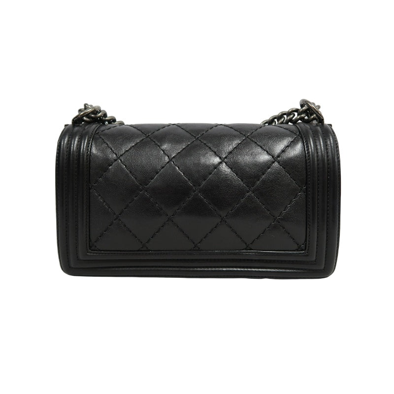 CHANEL Boy Leboy Matelasse Lambskin Shoulder Bag Black Silver Hardware With Authenticity Card