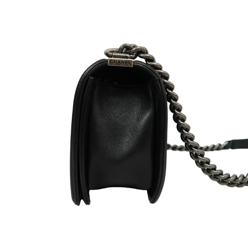 CHANEL Boy Leboy Matelasse Lambskin Shoulder Bag Black Silver Hardware With Authenticity Card