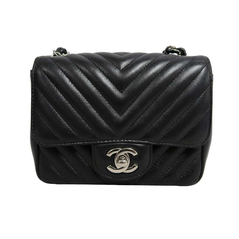 CHANEL Chevron V-stitch Lambskin Flap Shoulder Bag Black Silver Hardware