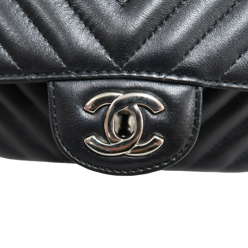 CHANEL Chevron V-stitch Lambskin Flap Shoulder Bag Black Silver Hardware