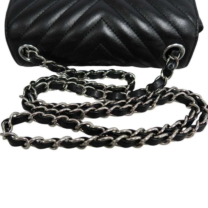CHANEL Chevron V-stitch Lambskin Flap Shoulder Bag Black Silver Hardware