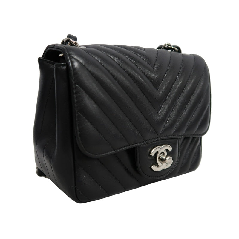 CHANEL Chevron V-stitch Lambskin Flap Shoulder Bag Black Silver Hardware