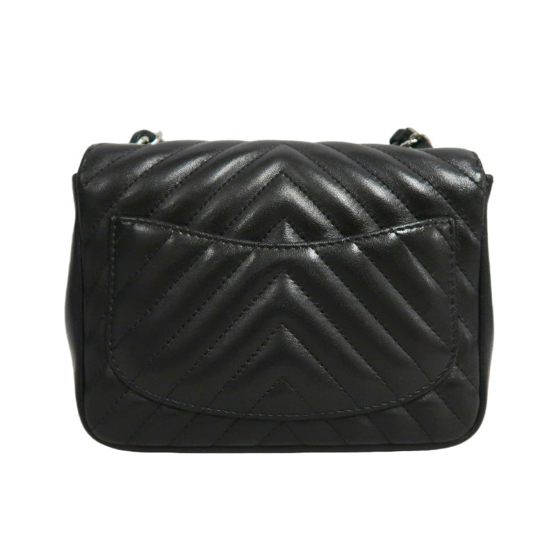 CHANEL Chevron V-stitch Lambskin Flap Shoulder Bag Black Silver Hardware
