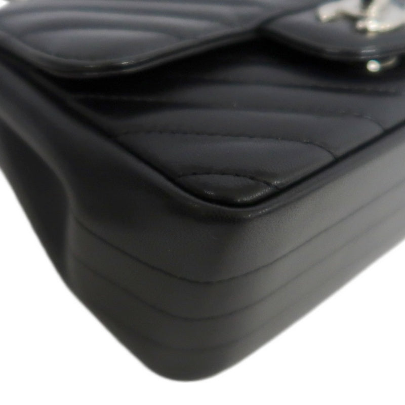 CHANEL Chevron V-stitch Lambskin Flap Shoulder Bag Black Silver Hardware