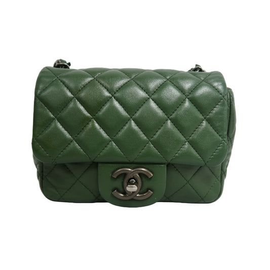 CHANEL Classic Flap Matelasse Lambskin Square Mini Crossbody Bag Green Silver Hardware