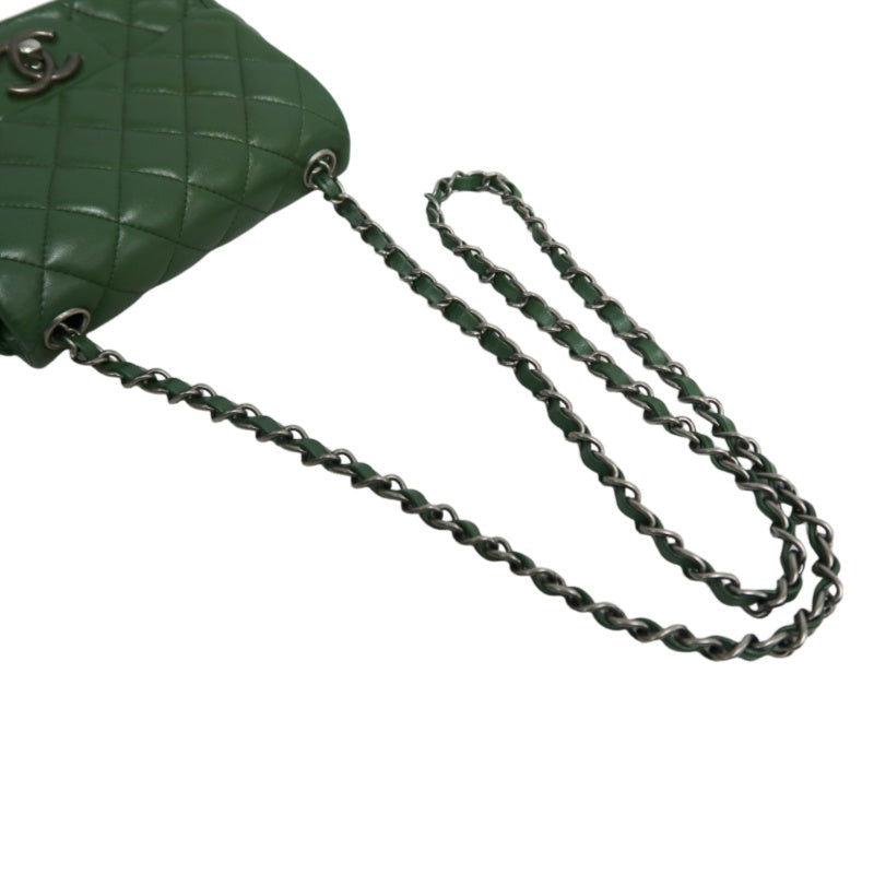 CHANEL Classic Flap Matelasse Lambskin Square Mini Crossbody Bag Green Silver Hardware