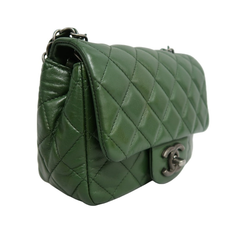 CHANEL Classic Flap Matelasse Lambskin Square Mini Crossbody Bag Green Silver Hardware