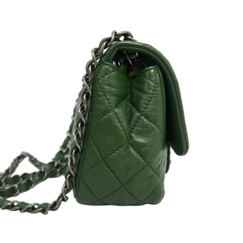 CHANEL Classic Flap Matelasse Lambskin Square Mini Crossbody Bag Green Silver Hardware