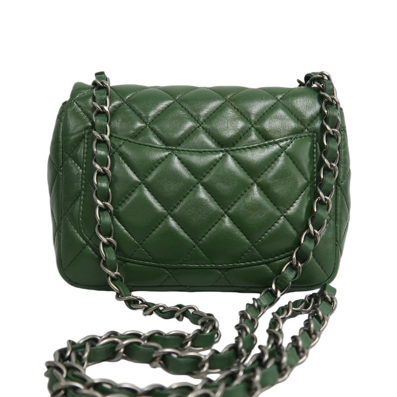 CHANEL Classic Flap Matelasse Lambskin Square Mini Crossbody Bag Green Silver Hardware